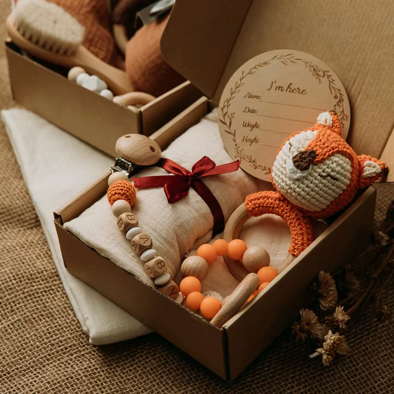 1Set Baby Stuff Bath Towel Cotton Blanket Brush Gift Products for Kids Toy Crochet Rattle Box Christmas Present Gift