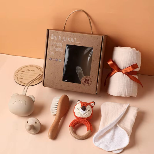 1Set Baby Stuff Bath Towel Cotton Blanket Brush Gift Products for Kids Toy Crochet Rattle Box Christmas Present Gift